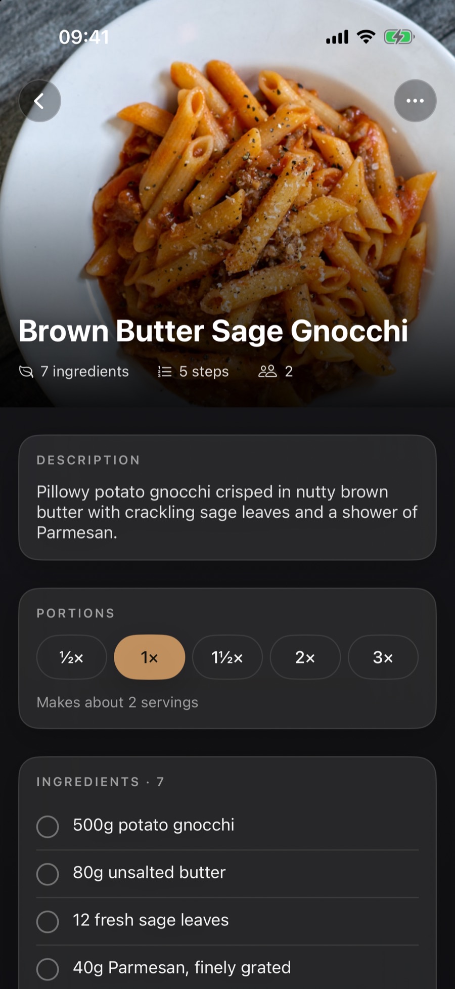 Recipe detail view showing structured ingredients and steps