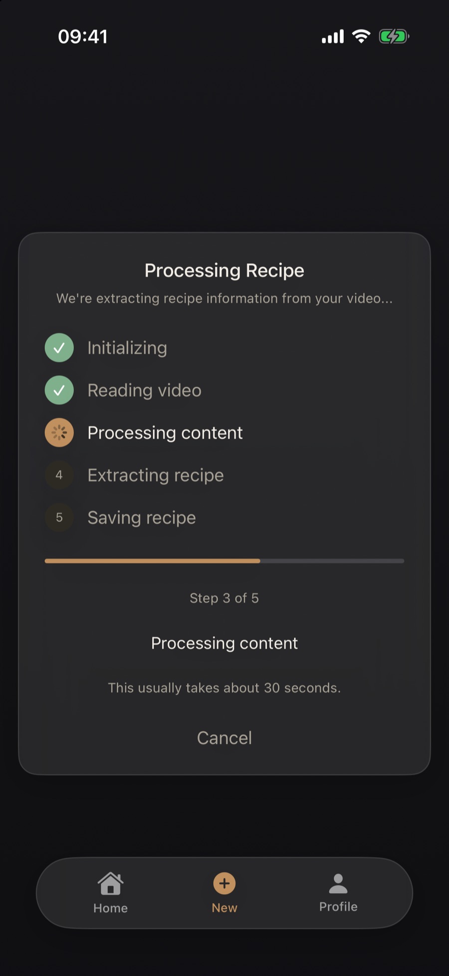 Extraction progress screen showing video being processed