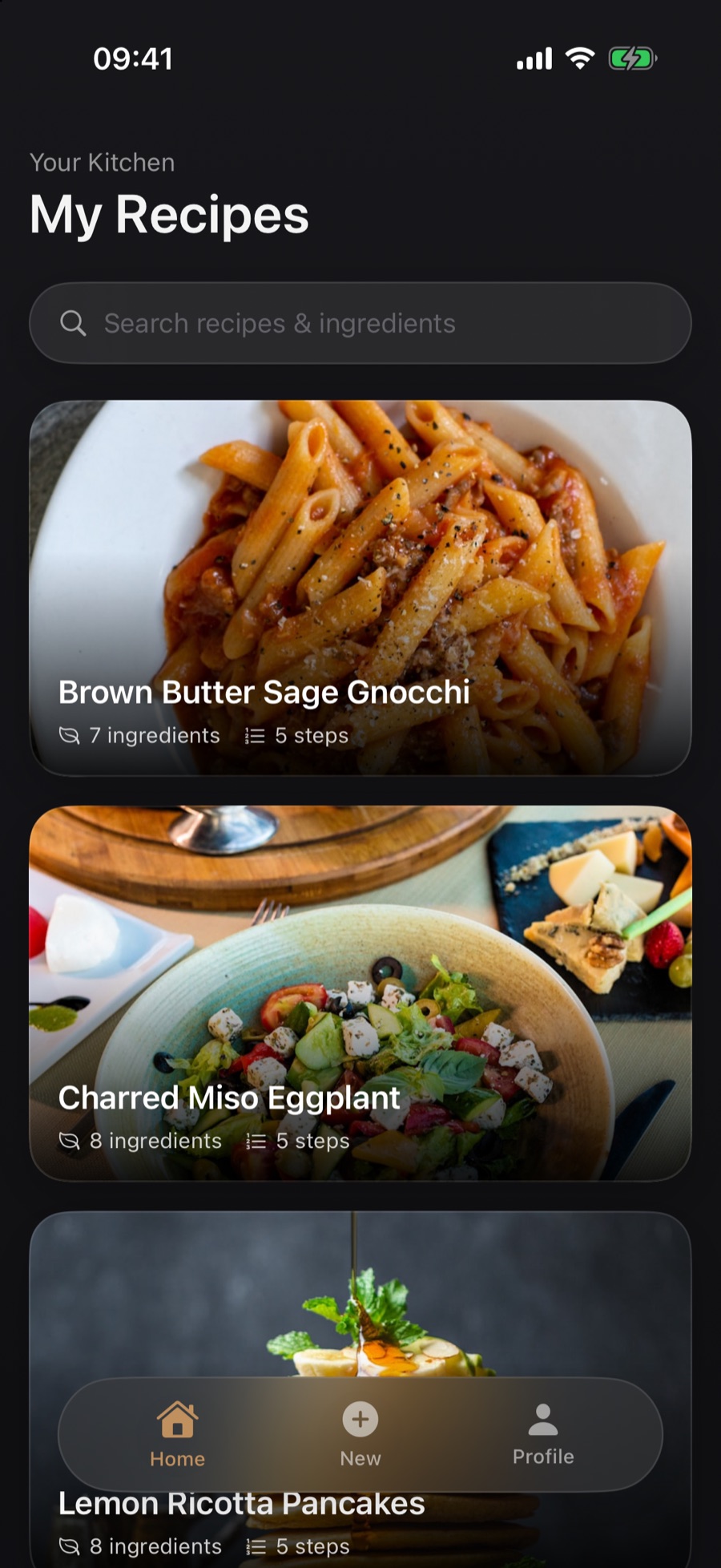 Resimply recipe library showing a list of saved recipes